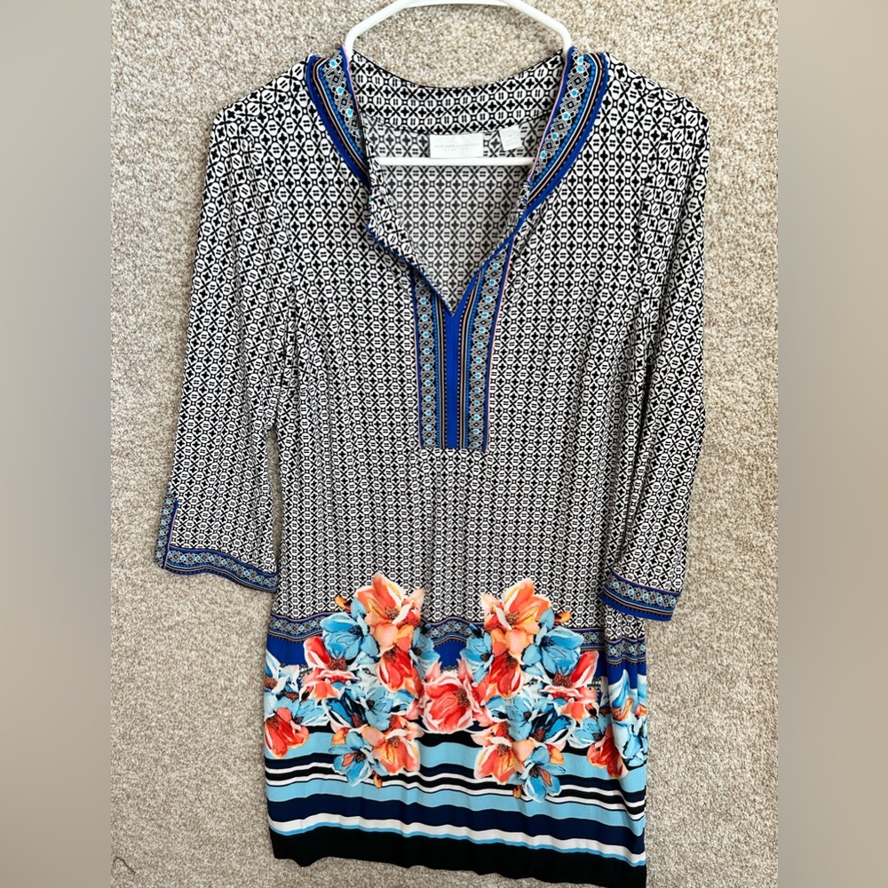 NY&Co Stretch Women’s BOHO Style Floral V Neck 3/4 Sleeve Dress Size Medium